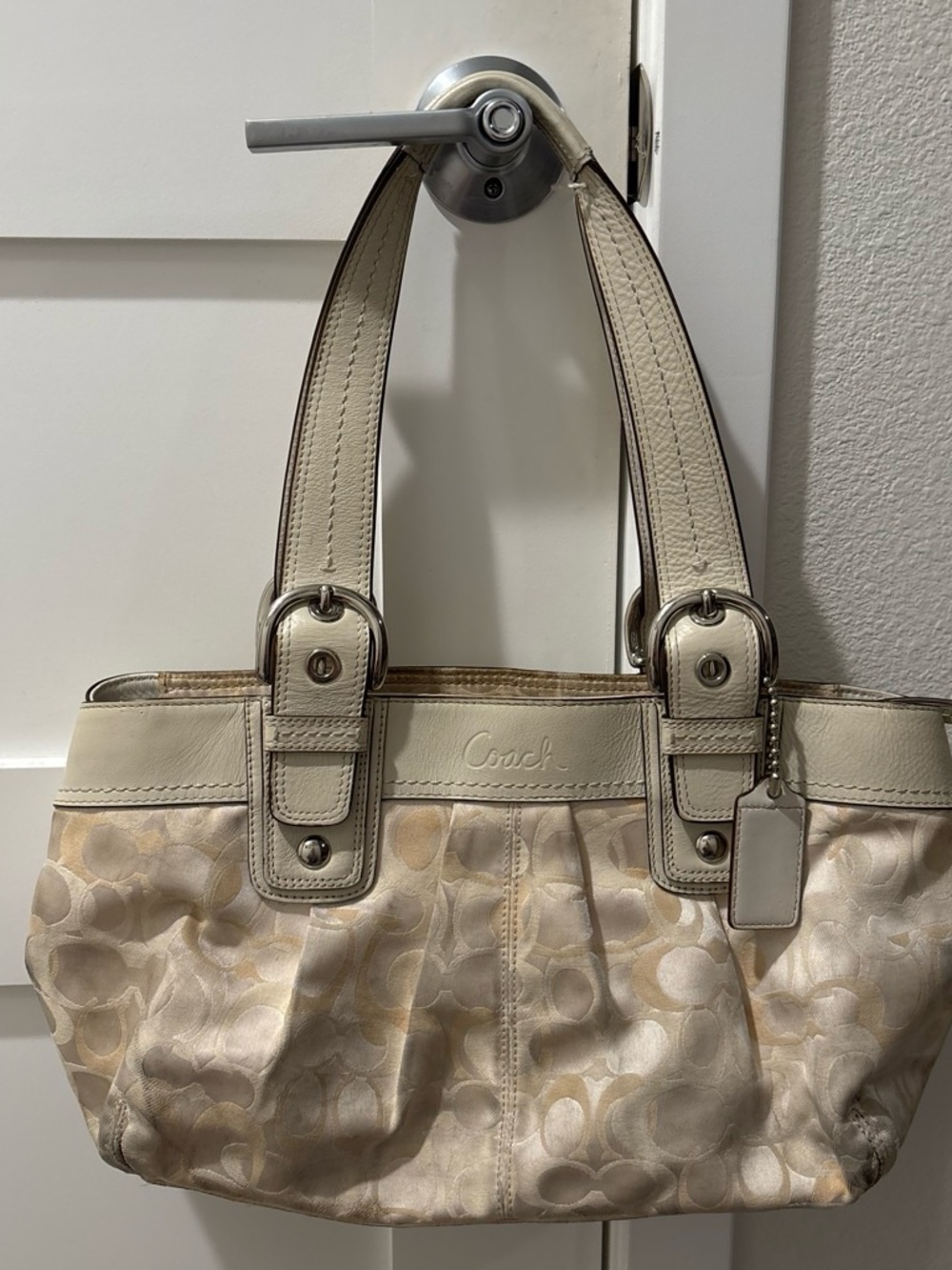 Coach Classic SoHo Pleated Signature Beige Tote Bag